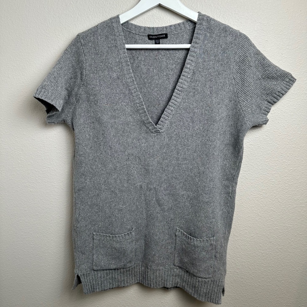 Eileen Fisher Italian Yarn V-Neck Sweater Size L Relaxed Gray Wool Silk Blend